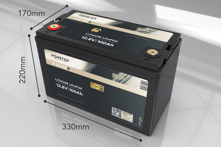 12,8V Lithium 100Ah LiFePO4 Premium Batterie | 200A-BMS-2.0 | 500A Bluetooth Mess-Shunt | 1280Wh | IP67